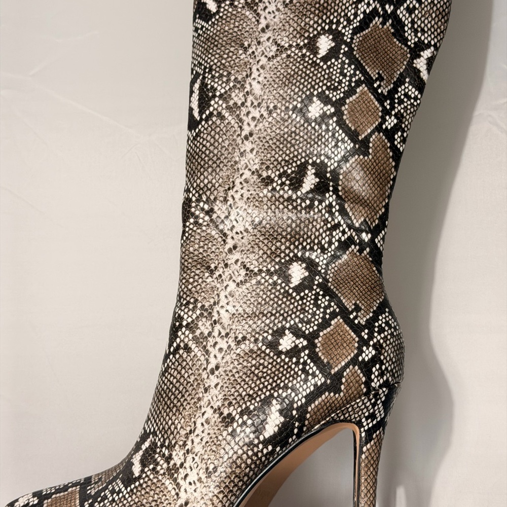 Snake-Print Stiletto Knee Boot - Brown/Black